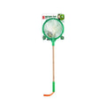 Butterfly net with white mesh, green plastic rim, and bamboo handle in Hape Nature Fun packaging.