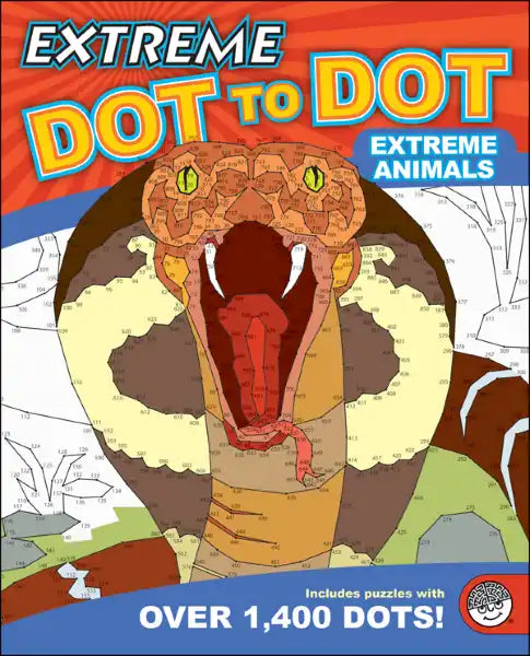 Colorful book cover featuring a completed dot-to-dot illustration of a cobra snake with its mouth open.