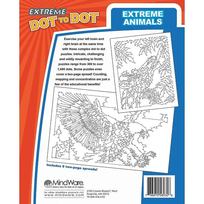 Orange back cover of a puzzle book featuring two complex, unfinished animal dot-to-dot puzzle illustrations.