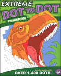 Prehistoric dot-to-dot book cover showing a colorful orange and red T-Rex head made of lines and numbered dots.