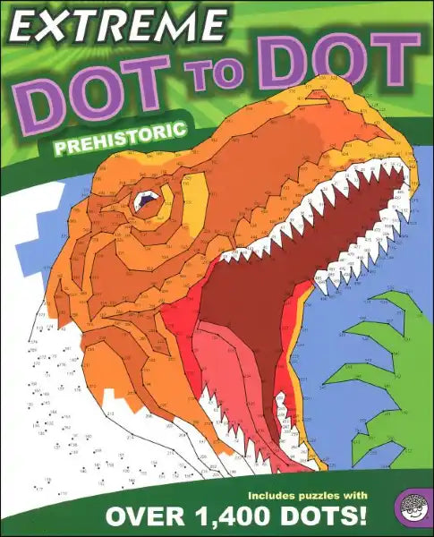 Prehistoric dot-to-dot book cover showing a colorful orange and red T-Rex head made of lines and numbered dots.