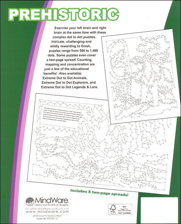 Back of a prehistoric activity book featuring complex, unfilled dot-to-dot puzzles of a mammoth and a sea creature.