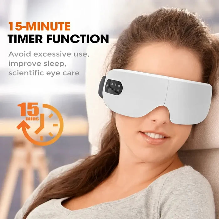 Woman using Eye Massager with Heat Smart Device with Music for Migraines, 15-minute timer feature visible, relaxing on a couch.