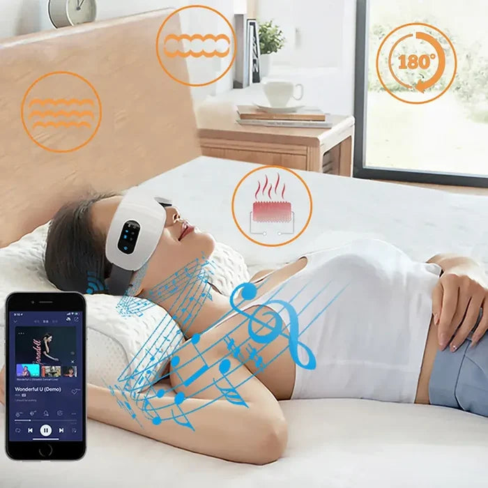 Relaxing with Eye Massager with Heat Smart Device with Music for Migraines while lying on bed