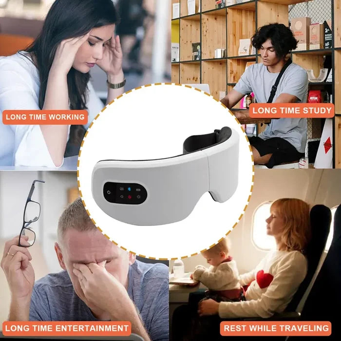 Eye Massager with Heat Smart Device with Music for Migraines shown with various applications