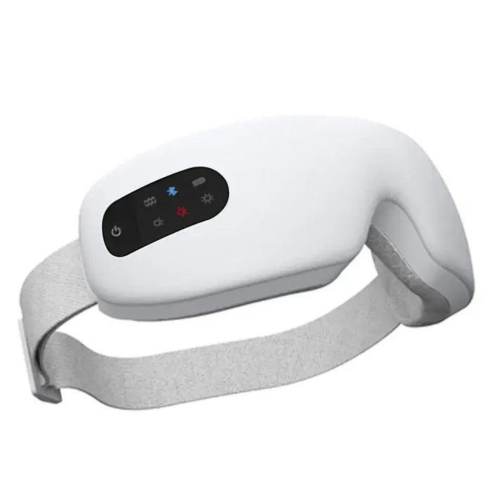 Eye Massager with Heat Smart Device with Music for Migraines featuring adjustable strap and control panel