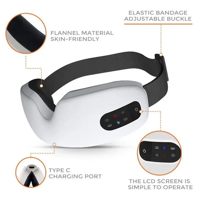 Eye Massager with Heat Smart Device with Music for Migraines featuring flannel material and adjustable bandage
