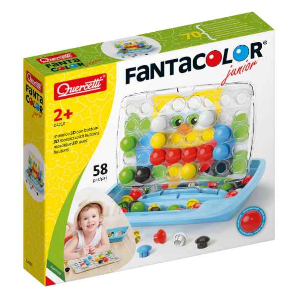 Quercetti toy box showing a blue storage tray and clear peg board with colorful buttons forming an owl.