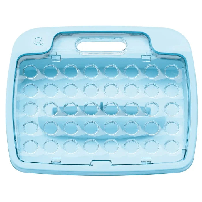 Light blue rectangular pegboard case with a transparent lid, 48 circular holes, and an integrated top handle.