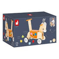 Blue box showing a wooden donkey ride-on toy with an orange shape-sorter body and white wheels.
