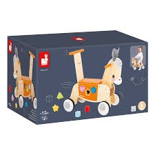 Blue box showing a wooden donkey ride-on toy with an orange shape-sorter body and white wheels.