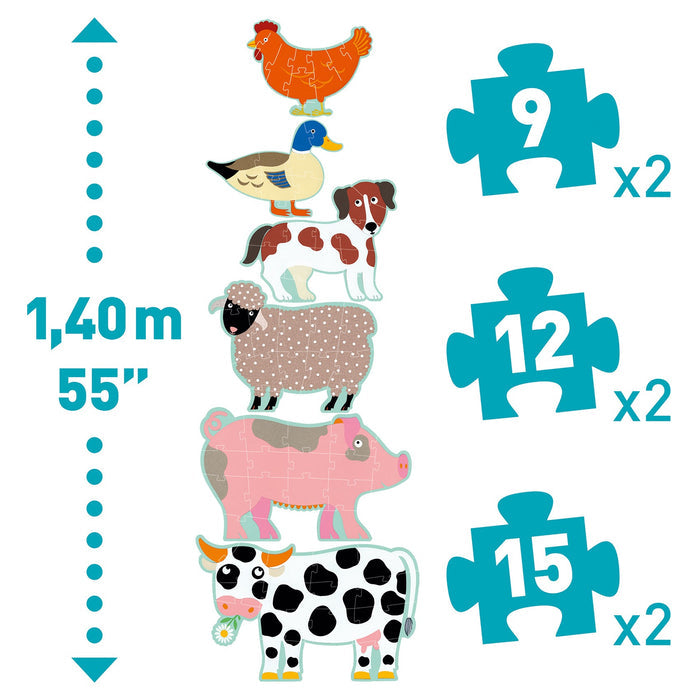 Six colorful farm animal jigsaw puzzles (cow, pig, sheep, dog, duck, hen) with piece counts and 1.40m height guide.