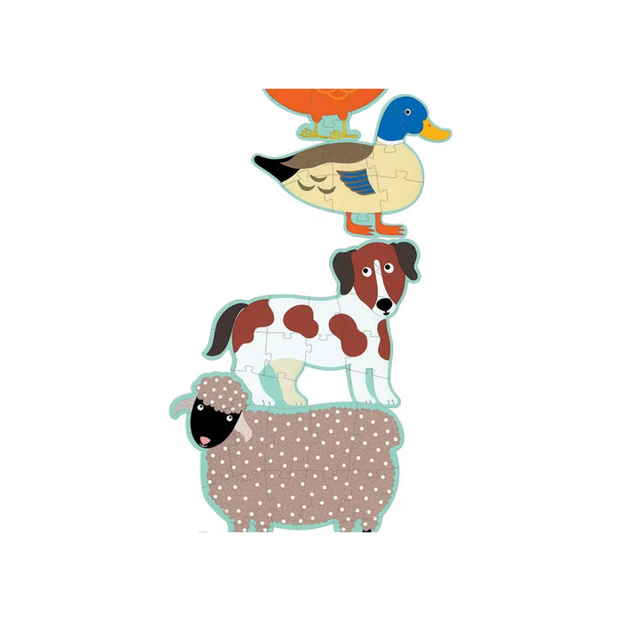 Vertical stack of animal-shaped puzzles: a brown sheep, a spotted dog, a blue-headed duck, and an orange hen.
