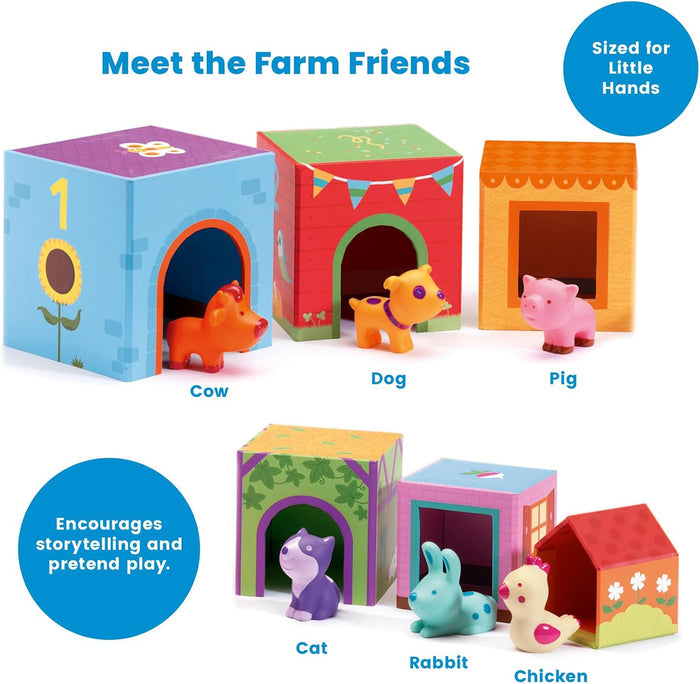 Six colorful stacking house cubes and matching toy farm animal figurines like a cow, pig, dog, and cat.