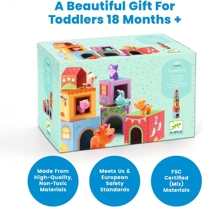 Colorful nesting block houses and farm animal figurines shown on a mint green Djeco toy box for toddlers.
