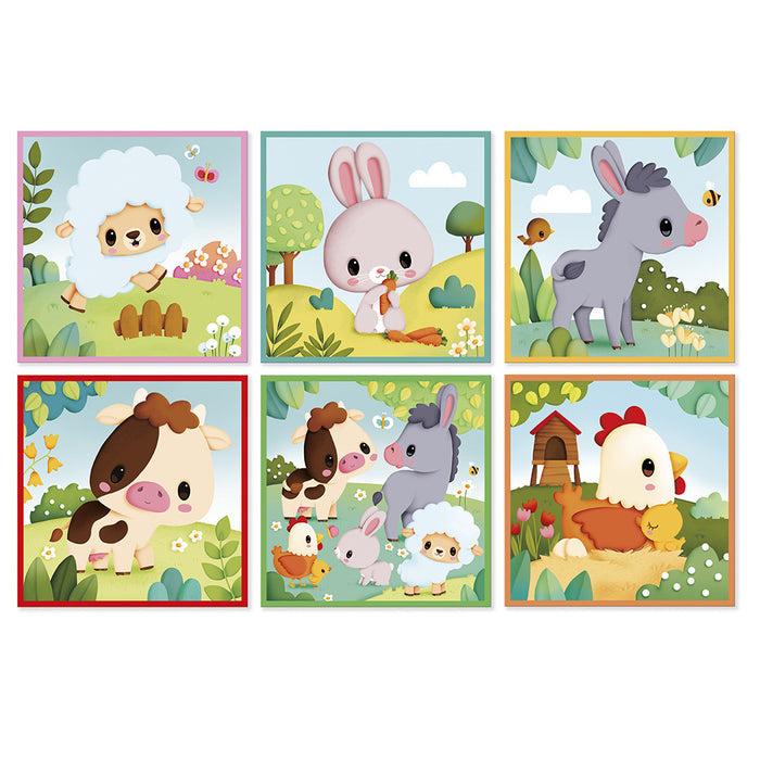 Six square panels featuring cute, pastel cartoon farm animals like a sheep, cow, and rabbit in colorful landscapes.