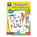 Yellow activity book cover with cartoon cow, rooster, and donkey illustrations and three colorful crayons.