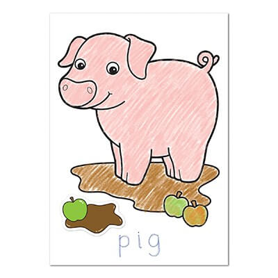 A hand-colored drawing of a smiling pink pig in a mud puddle with apple stickers and the word pig.