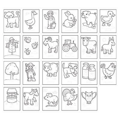 Grid of 23 black and white line drawings of farm animals and scenes for coloring.