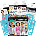 Streetwear fashion sketch set with a spiral notebook, blue stencils, and stickers for designing outfits on templates.