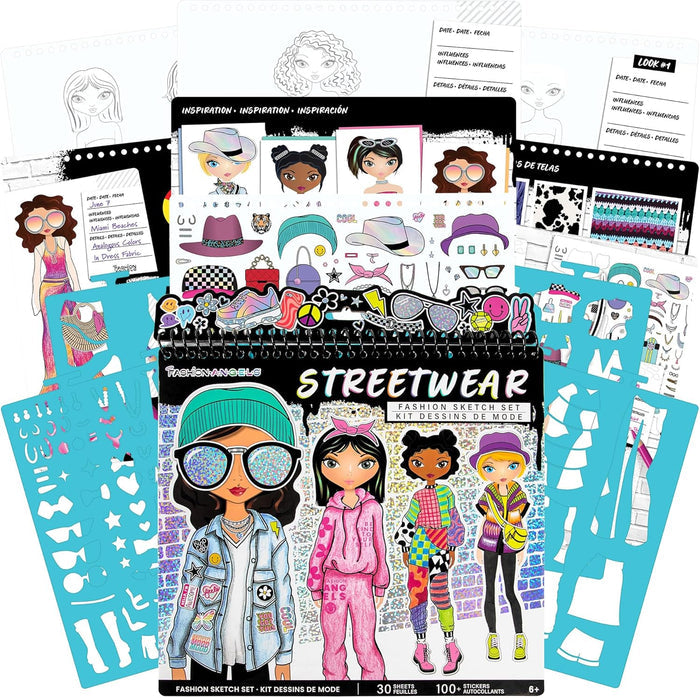 Streetwear fashion sketch set with a spiral notebook, blue stencils, and stickers for designing outfits on templates.