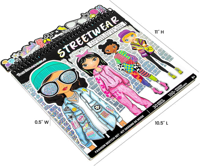 Spiral-bound streetwear sketch set with four stylish characters, 100+ stickers, 30 sheets, and product dimensions.