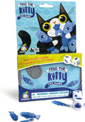 Feed the Kitty travel tin in a blue and yellow box with a cartoon cat, blue fish game pieces, and white dice.