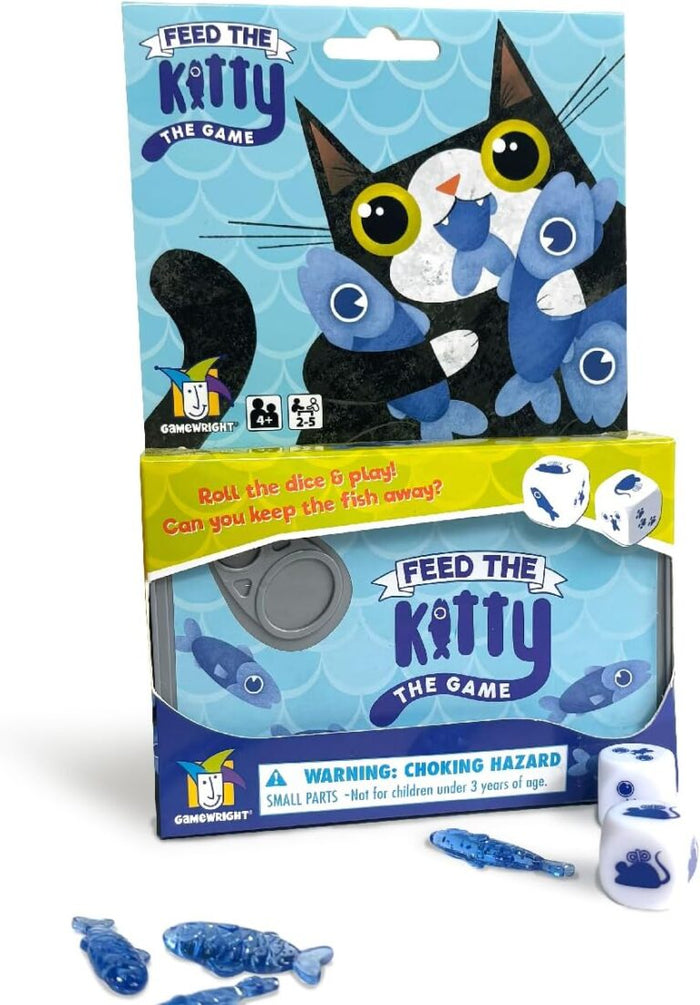Feed the Kitty travel tin in a blue and yellow box with a cartoon cat, blue fish game pieces, and white dice.