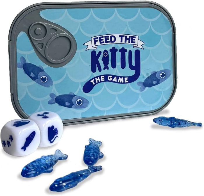 Blue sardine-style tin with two white dice featuring cat icons and translucent blue plastic fish-shaped tokens.