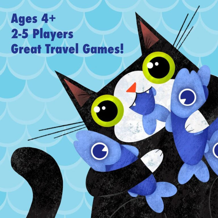Cartoon black cat with large green eyes clutching blue fish. Text: Ages 4+, 2-5 Players, Great Travel Games!