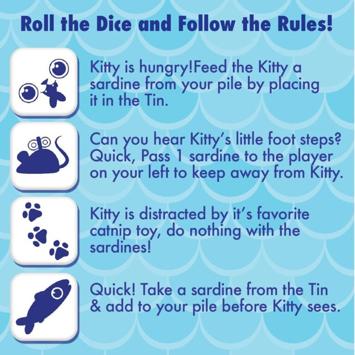 Blue scale-patterned rule card with icons for a cat face, mouse toy, paw prints, and sardine with gameplay instructions.