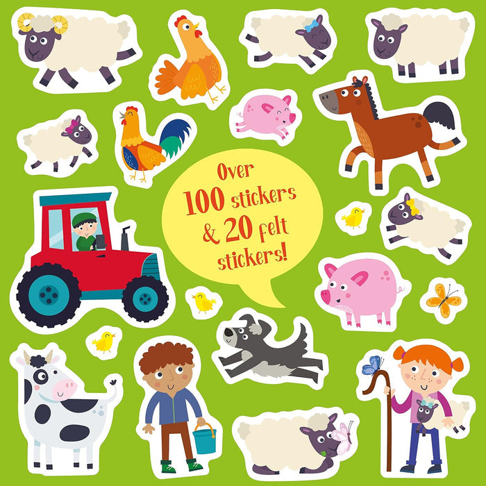 Colorful cartoon farm stickers of a red tractor, animals, and people on a bright green background.