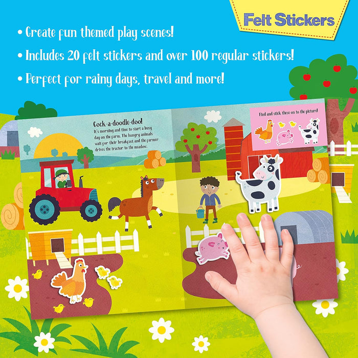 Colorful farm-themed sticker book with felt animals and a child's hand placing a pink pig sticker on the page.