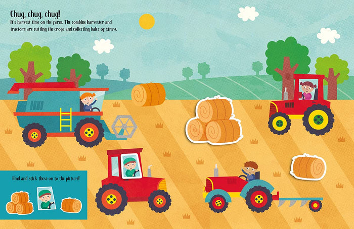Colorful farm play scene with a blue harvester, red tractors, and round hay bale felt stickers.
