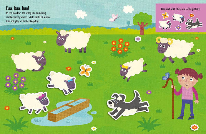 Colorful farm scene page with felt-style sheep, dog, and shepherd stickers in a green meadow under a blue sky.