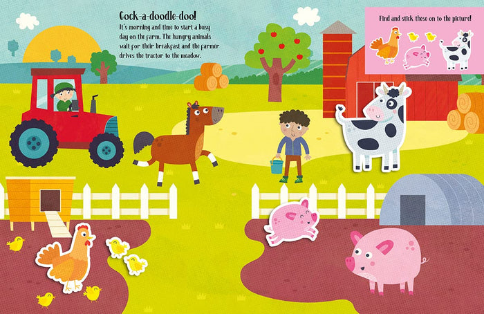 Vibrant farm scene with felt stickers of a red tractor, horse, cow, and pig in a bright meadow with a red barn.