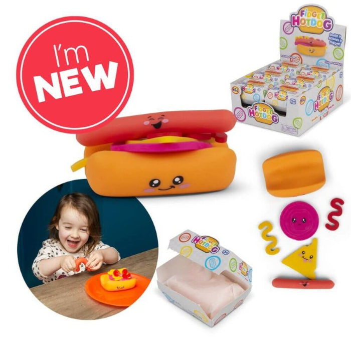 Colorful squishy hot dog toy with smiling faces, separate food parts, retail box, and a child playing.