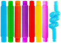 Eight multicolored corrugated pop tubes; seven are straight and one blue tube is twisted into a spiral.