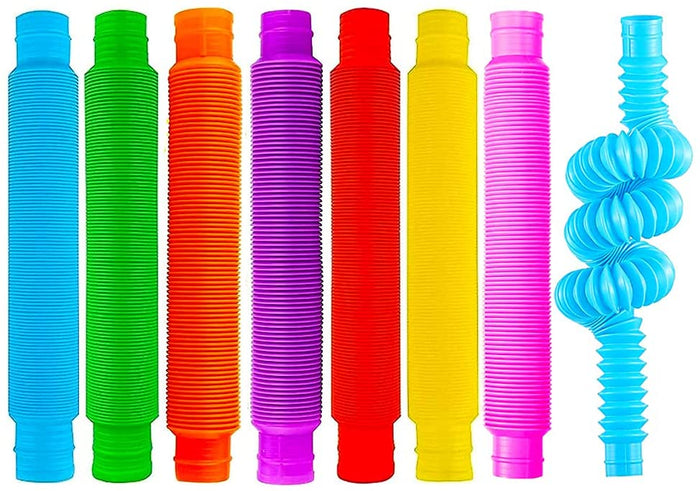 Eight multicolored corrugated pop tubes; seven are straight and one blue tube is twisted into a spiral.