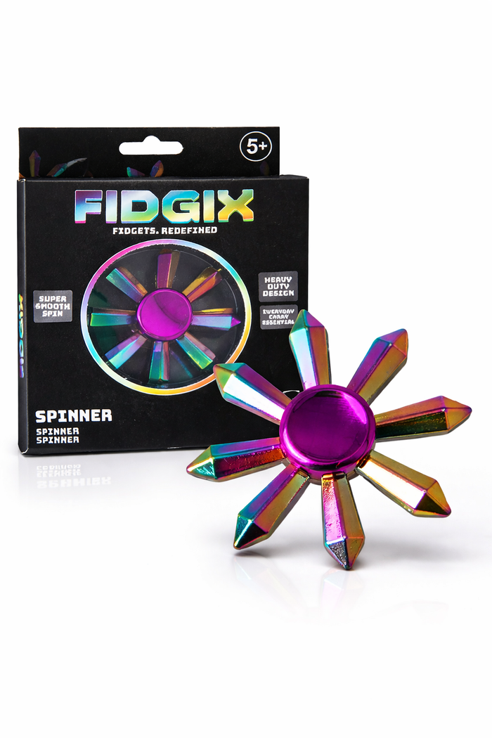 Iridescent rainbow fidget spinner with eight crystal-shaped arms next to its black retail box on a white background.