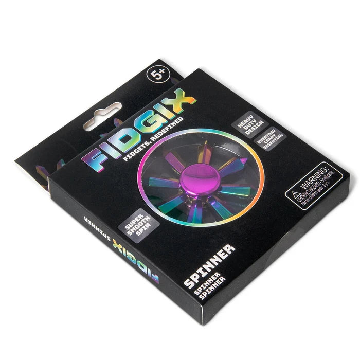 Iridescent teal and purple multi-pronged fidget spinner in a black box with holographic Fidgix branding.