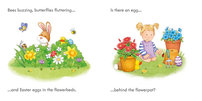 Illustrated book pages showing a bunny, girl, and yellow duckling searching for hidden Easter eggs in a garden.
