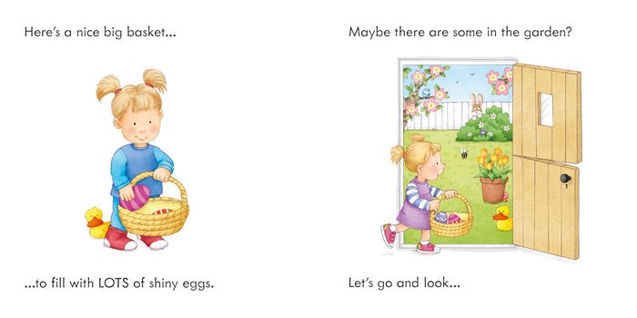 Illustrated book spread of a girl with an Easter basket, a bunny, and yellow ducks in a colorful garden.