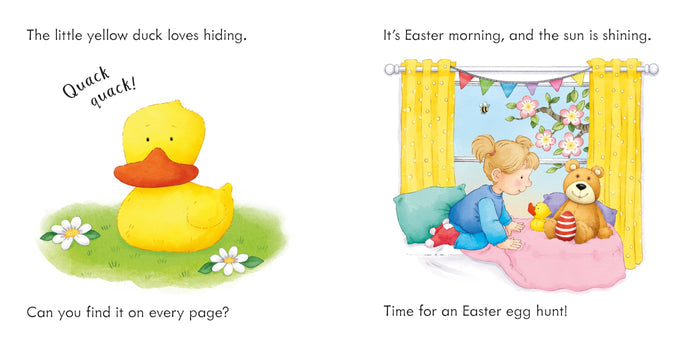 Two illustrated book pages showing a yellow duckling on grass and a girl in a sunny bedroom with a teddy bear.