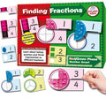 Red and green game box showing puzzle pieces that match shape diagrams with numeric fractions like 1/2 and 3/4.