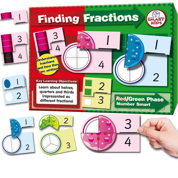 Red and green game box showing puzzle pieces that match shape diagrams with numeric fractions like 1/2 and 3/4.