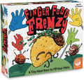 Board game box with a cartoon taco, meatball, and strawberry running away from colorful plastic hands on sticks.