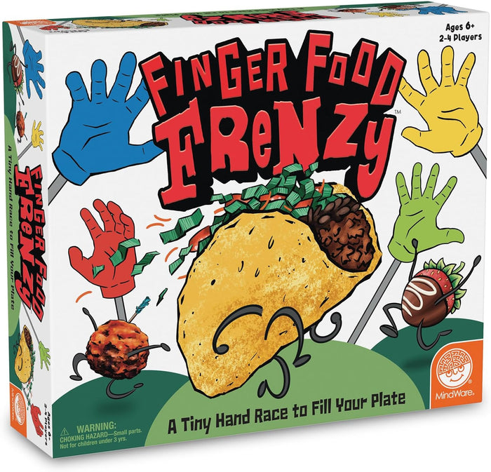 Board game box with a cartoon taco, meatball, and strawberry running away from colorful plastic hands on sticks.