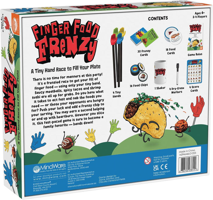 Back of game box with 4 tiny plastic hand sticks, game cards, and bright cartoon taco and meatball characters.