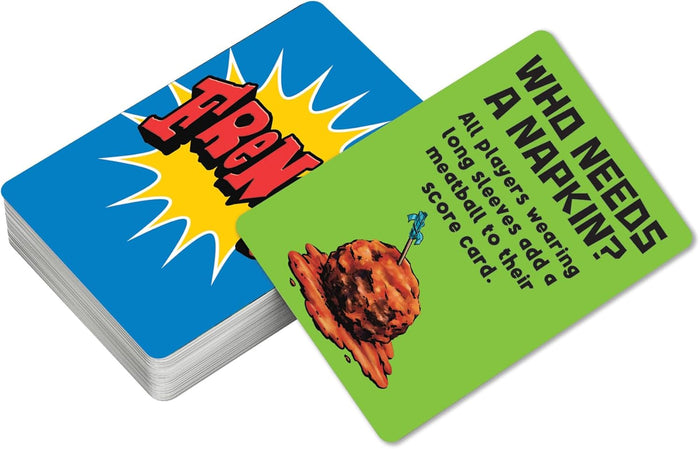 Stack of blue game cards with a green action card on top featuring a meatball illustration and gameplay instructions.